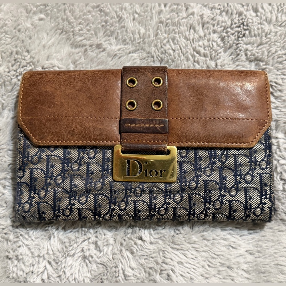 Dior Blue Trotter Canvas Brown Leather Wallet
